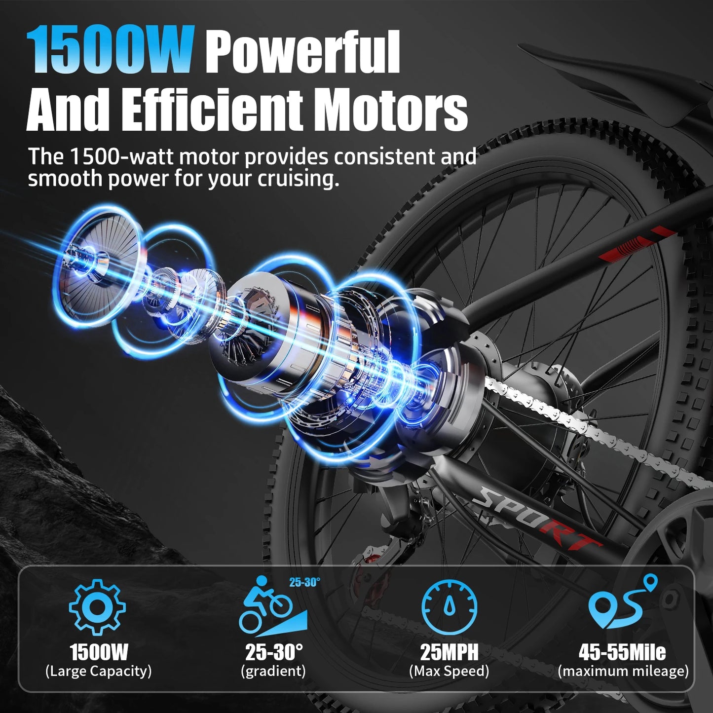 JUNFUN 1500W Electric Bike, 26" E Bikes for Adults, 499WH 25mph 55Miles