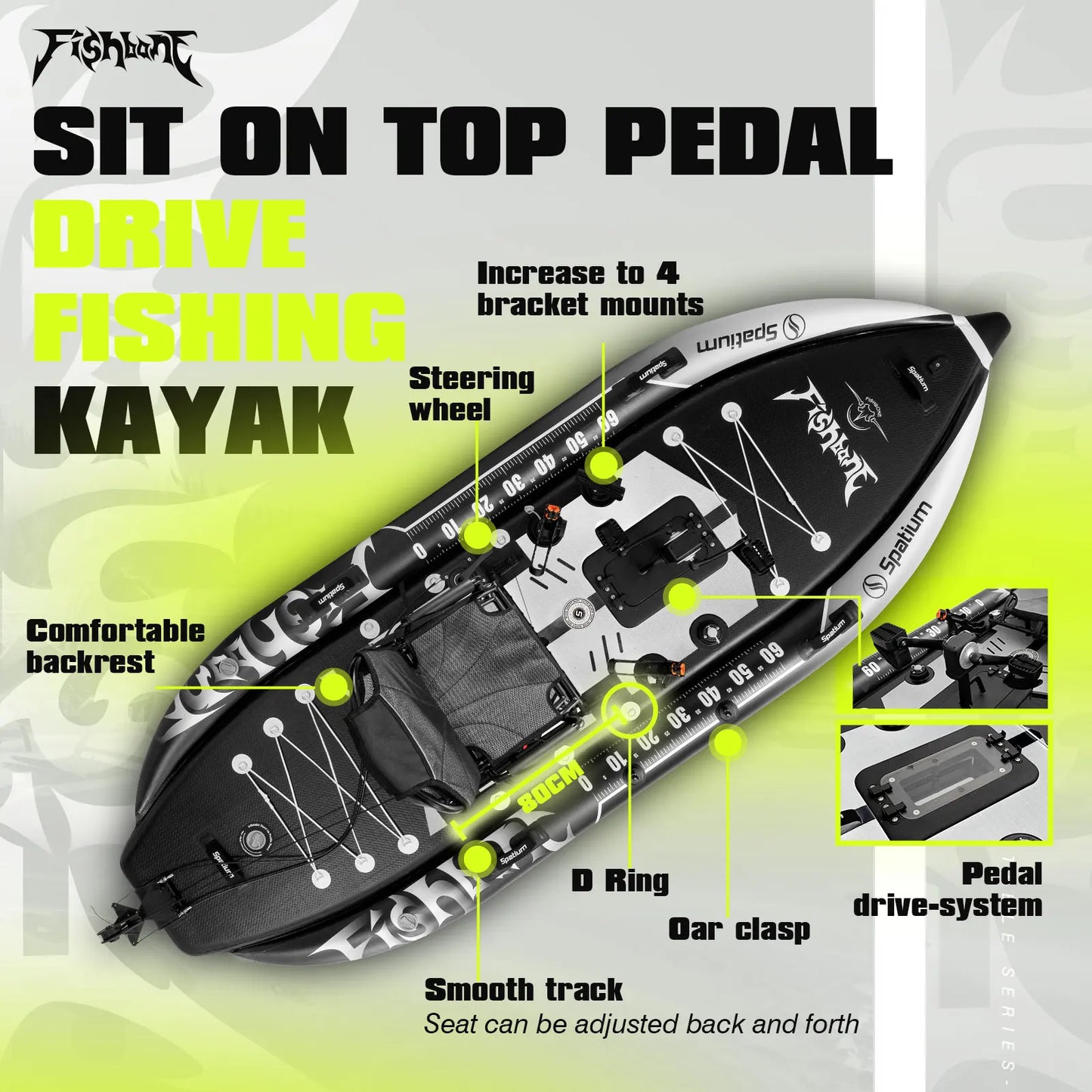Spatium Fishing Kayak Boat Pedal Drive, Capacity 660LBS