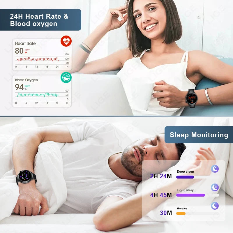 LIGE NFC Smart Watch Men HD Screen Temperature