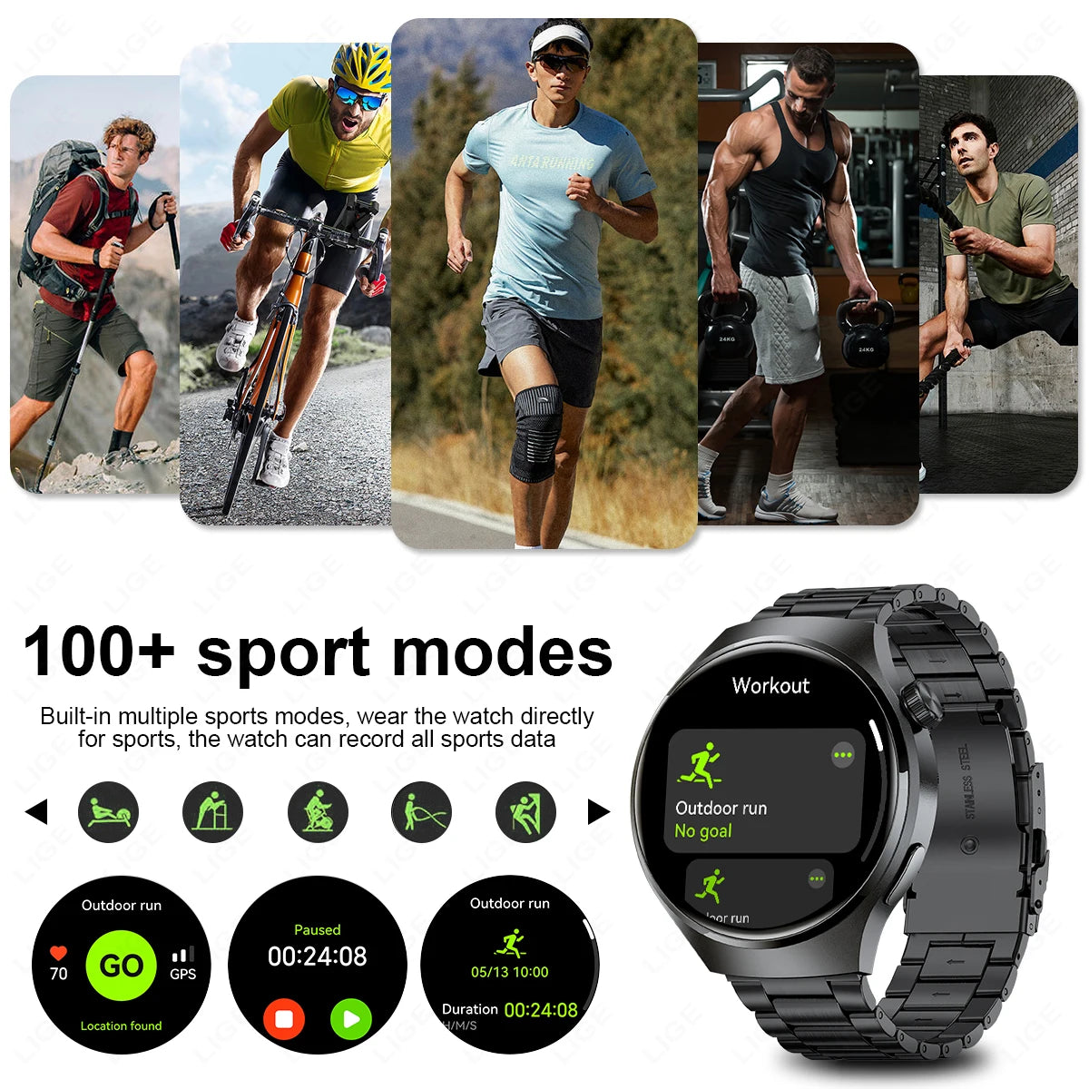 LIGE NFC Smart Watch Men HD Screen Temperature