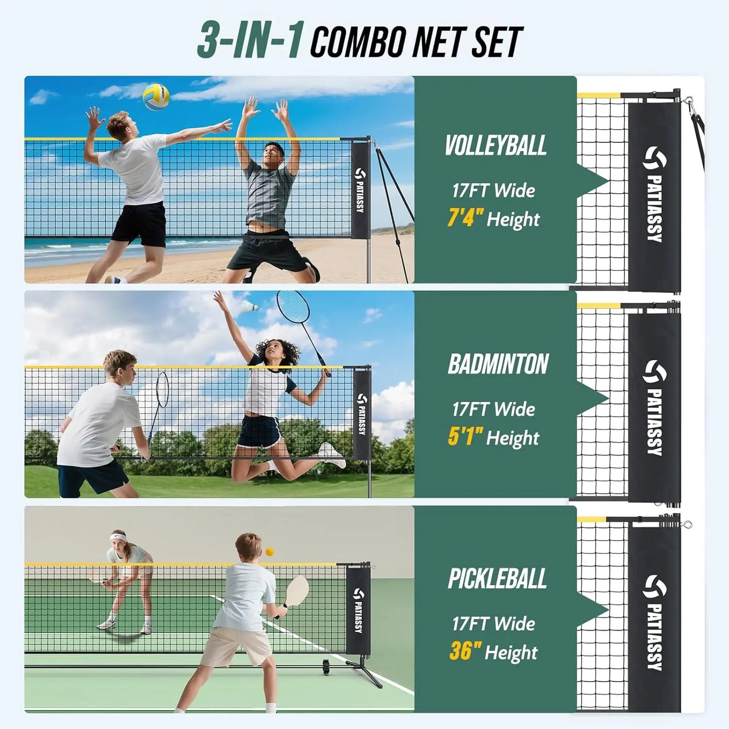 3-in-1 Adjustable Sports Net Set for Volleyball, Badminton, Pickleball