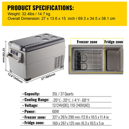 SucceBuy Car Refrigerator Mini Fridge Freezer Portable 12/24V DC 110-240V