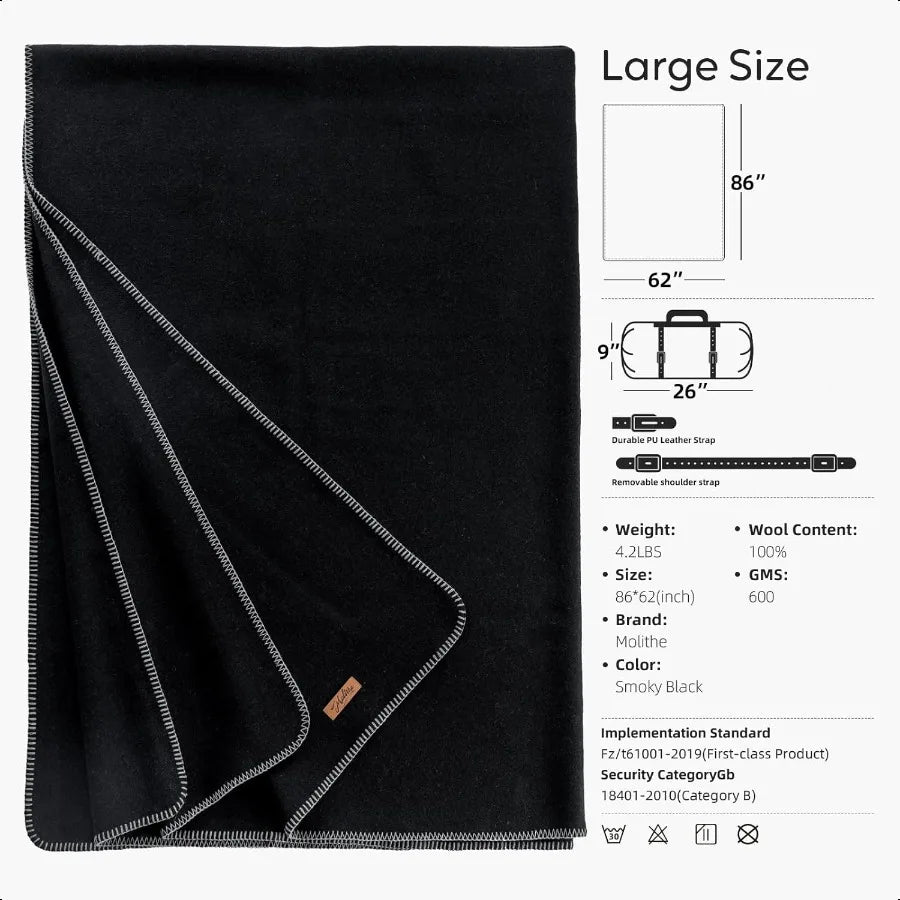 100 Wool Blanket 62 x 86 Warm Thick Washable Military Grade