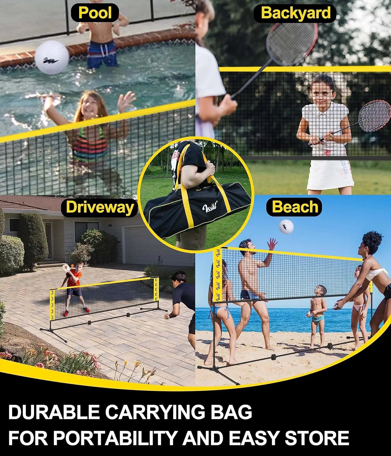 3-in-1 Adjustable Sports Net Set with Rackets, Paddles & Balls