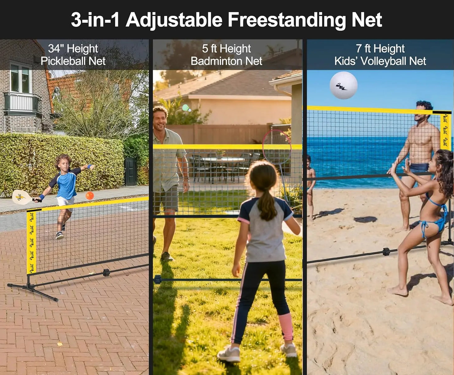 3-in-1 Adjustable Sports Net Set with Rackets, Paddles & Balls