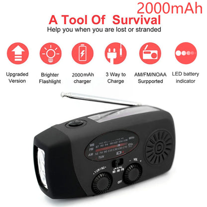 Solar Power Hand Crank Radio AM/FM/WB NOAA Weather Multifunctional Radio LED Flashlight Power Bank for Outdoor Camping Hiking