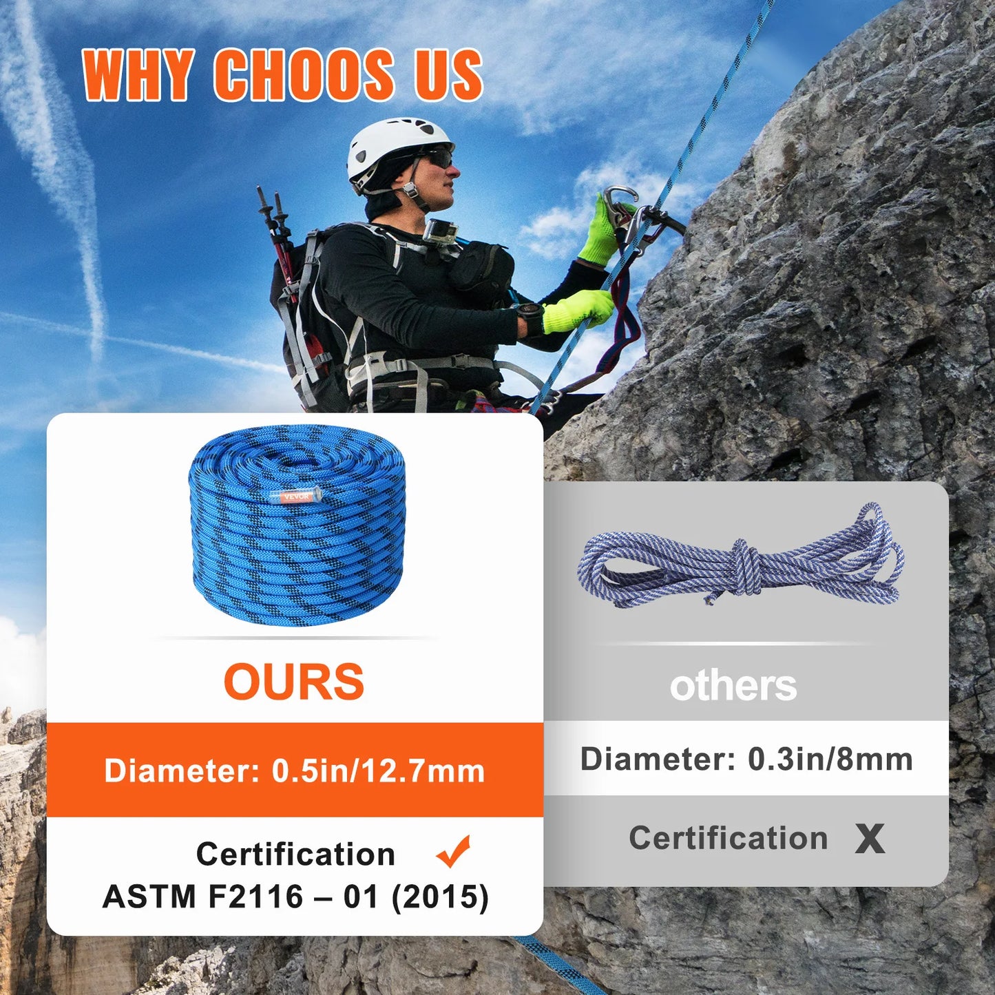 12.7mm Static Climbing Rope 125/150/200ft Outdoor Rock Climbing Rope