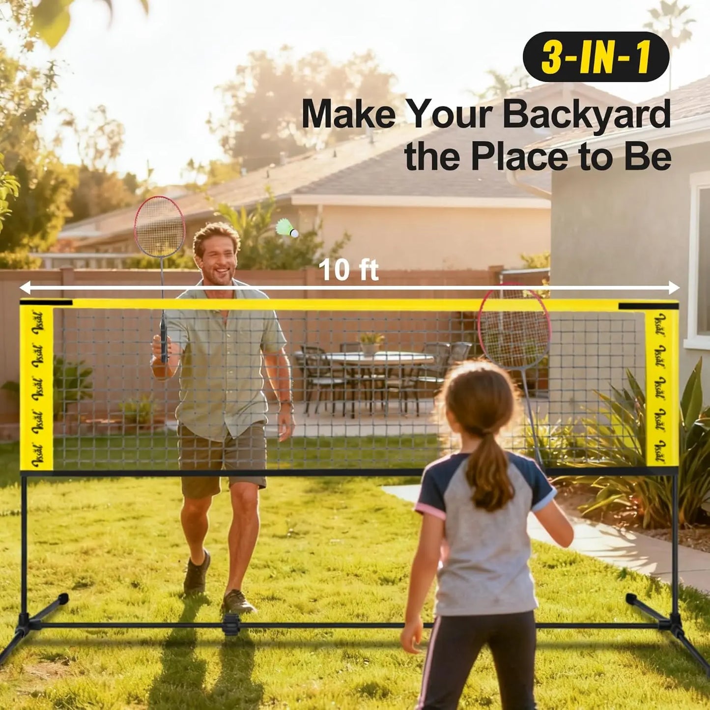 3-in-1 Adjustable Sports Net Set with Rackets, Paddles & Balls