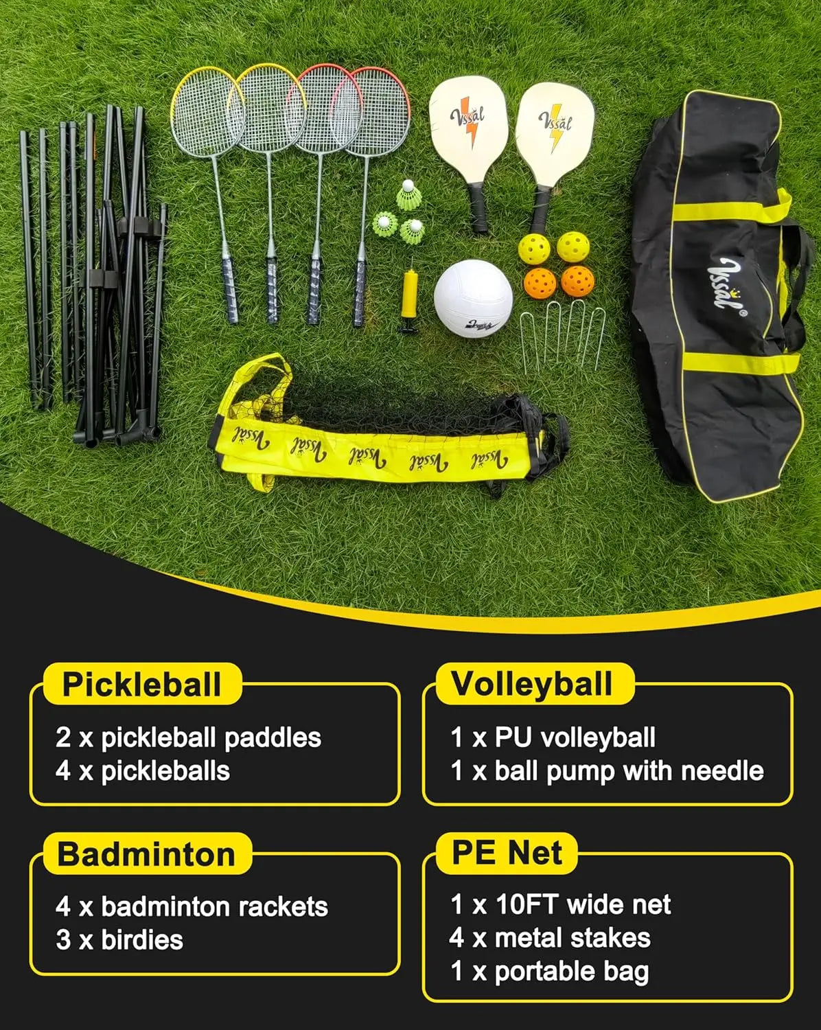 3-in-1 Adjustable Sports Net Set with Rackets, Paddles & Balls