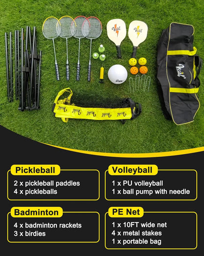 3-in-1 Adjustable Sports Net Set with Rackets, Paddles & Balls