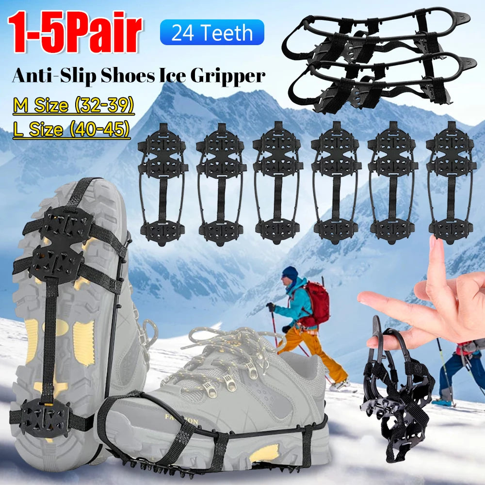 1-5Pair 24 Teeth Climbing Crampons Anti-Slip Ice Gripper Shoe Spikes