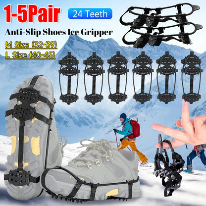 1-5Pair 24 Teeth Climbing Crampons Anti-Slip Ice Gripper Shoe Spikes