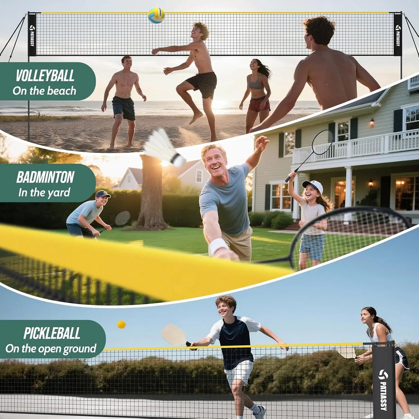 3-in-1 Adjustable Sports Net Set for Volleyball, Badminton, Pickleball