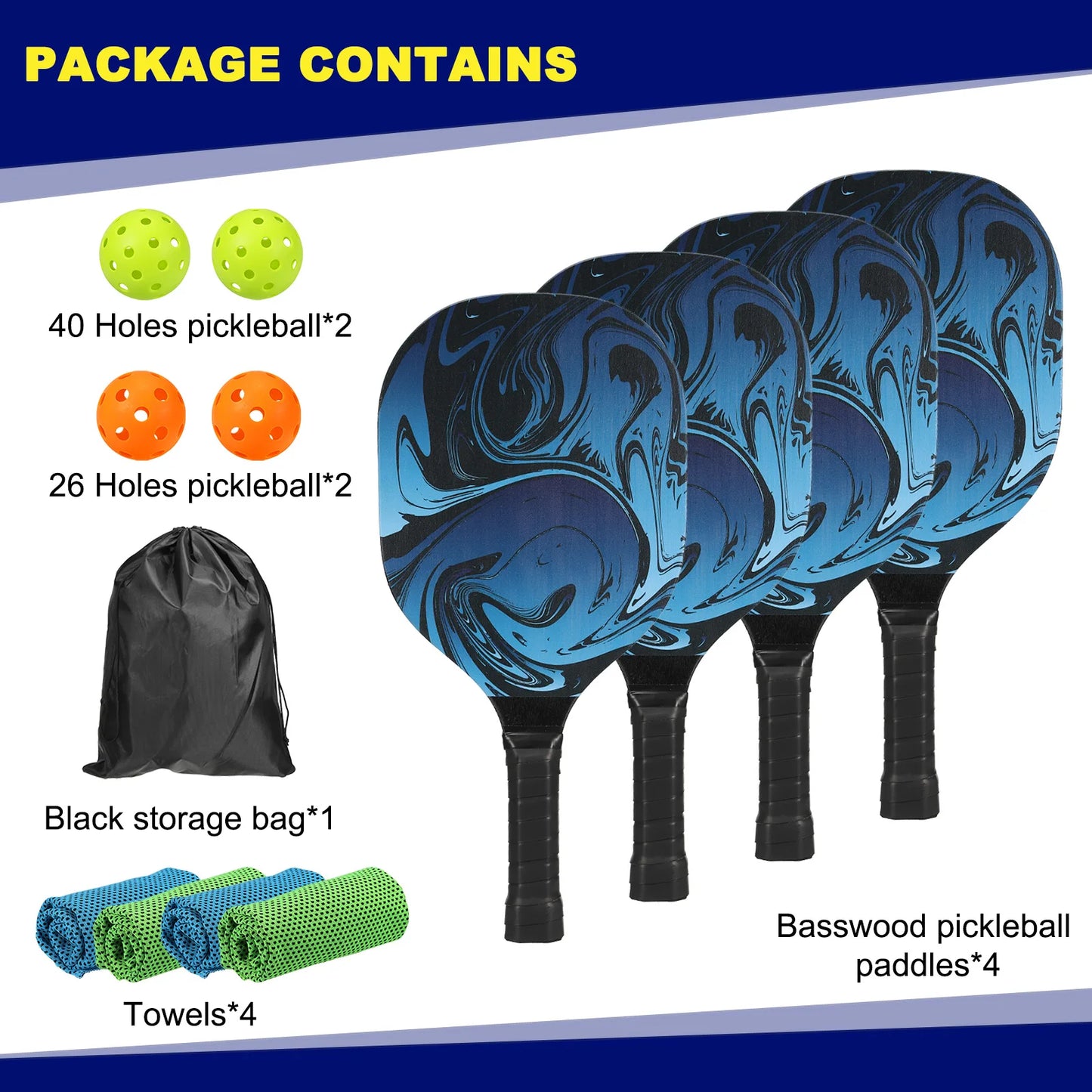 4 Premium Wood Pickleball Rackets 4 Balls ' Towels and Bag
