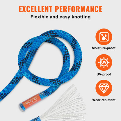 SucceBuy 12.7mm Static Climbing Rope 125/150/200 ft Outdoor Climbing Rope 30KN Breaking Tension Fiber Rope w/ Steel Snap Hooks