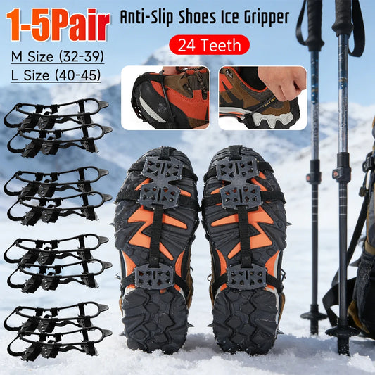1-5Pair 24 Teeth Climbing Crampons Anti-Slip Ice Gripper Shoe Spikes