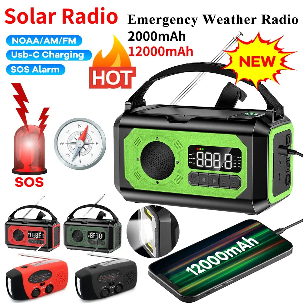 12000mAh Small Portable Radio Solar Panels Emergency Radio