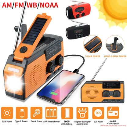 Solar Power Hand Crank Radio AM/FM/WB NOAA Weather Multifunctional Radio LED Flashlight Power Bank for Outdoor Camping Hiking
